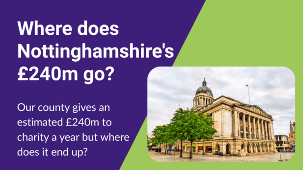 Where does Nottinghamshire's £240m go? Our county gives an estimated £240m to charity a year but where does it end up? Photograph of Nottingham Council House, a domed neoclassical building with columns, beside trees in the Old Market Square.